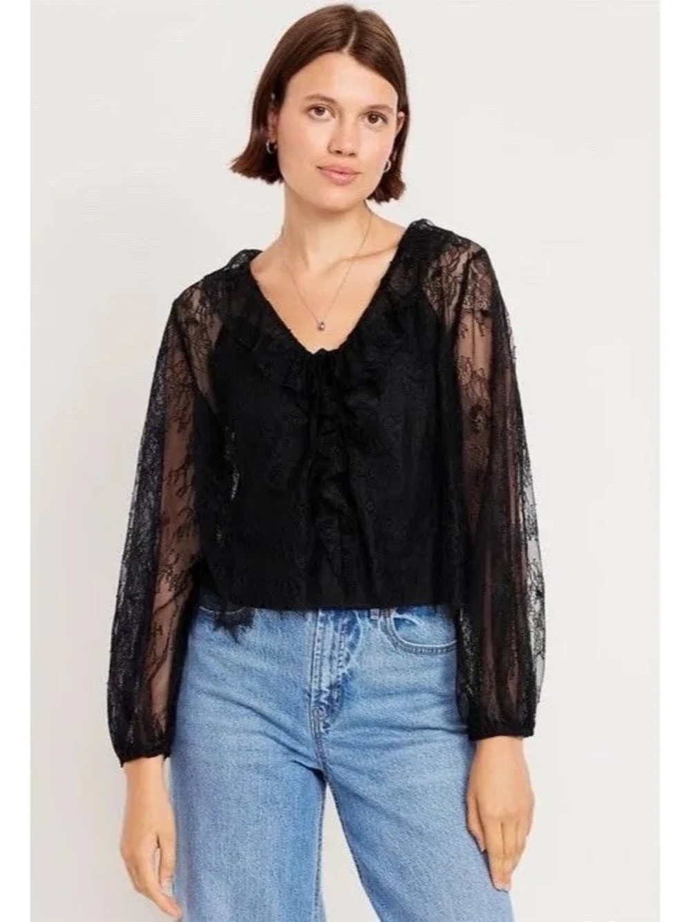 Old Navy Black Sheer Lace Ruffle V-Neck Blouse